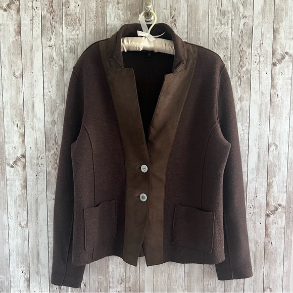 Eileen Fisher Wool and Leather Trim Cardigan Medium - Picture 1 of 5